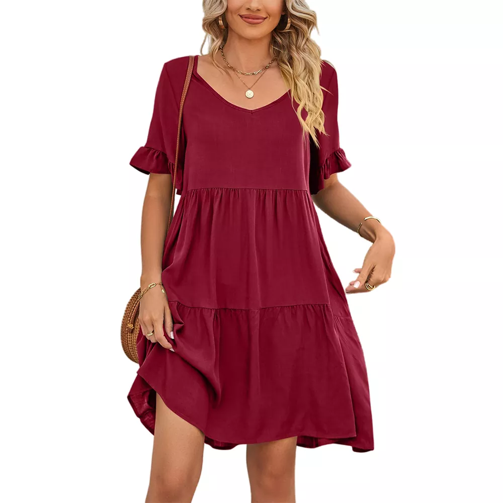 Casual V-neck Ruffled Lace Sleeve Mini Dress