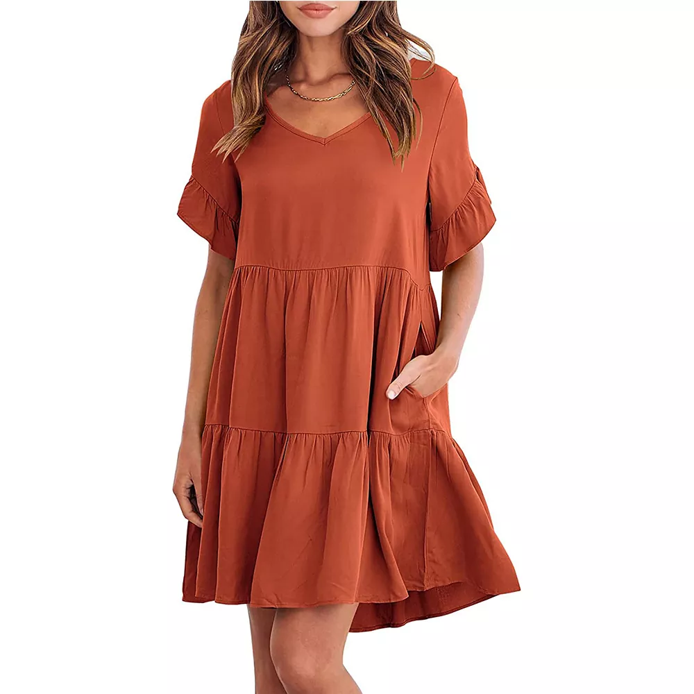 Casual V-neck Ruffled Lace Sleeve Mini Dress